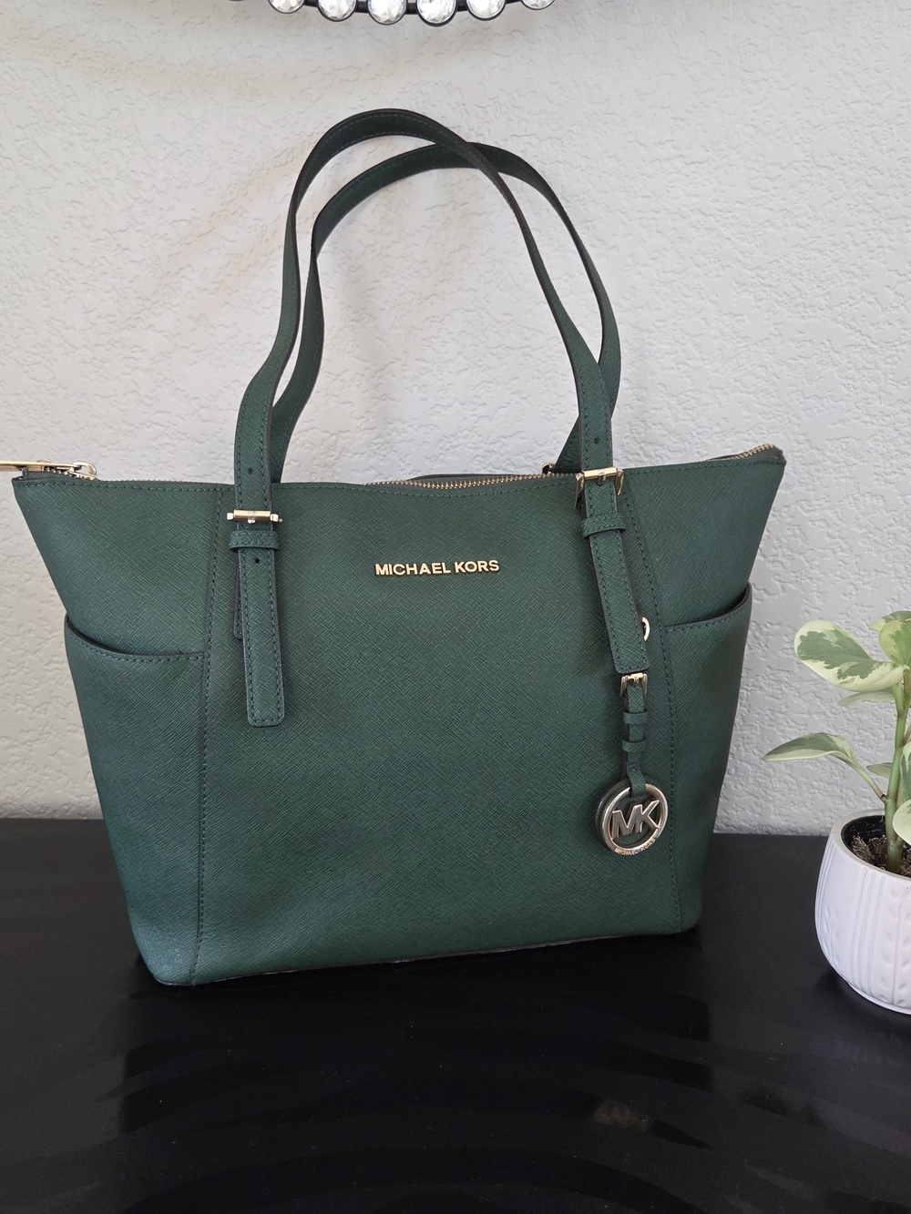Michael Kors Emerald Green Saffiano Leather Tote with Gold Hardware